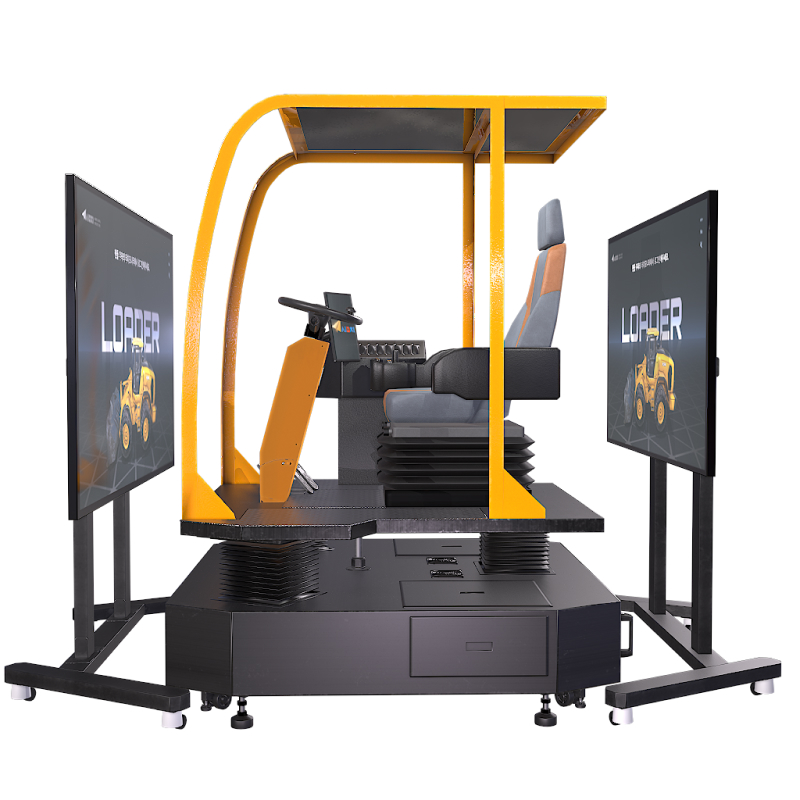 로더 시뮬레이터 – 버킷 작업과 자재 적재 훈련이 가능한 실물 기반 교육 장비, 앞뒤 대형 모니터로 현장과 유사한 시야 제공, 터치모니터로 손쉬운 프로그램 실행, 탄소배출 없는 친환경 실내 훈련 시스템